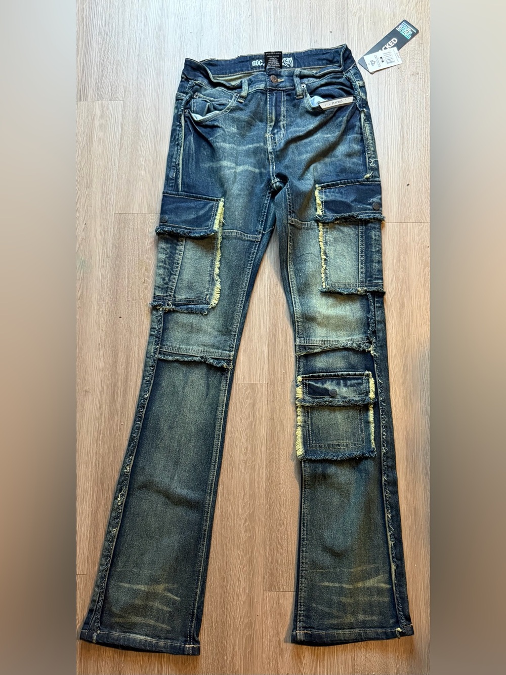 State of Crew SOC Stacked Cargo Jeans Dark Tint Size 28 NWT Frayed Streetwear